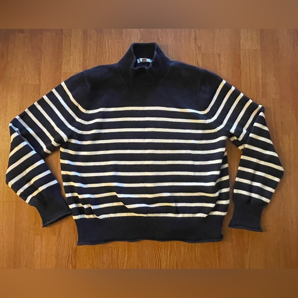 J. Crew Navy and Cream Striped Turtleneck Sweater Womens XL Chunky Knit